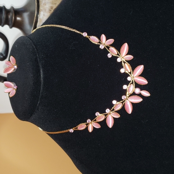 Jewelry - SOLD Pink and Gold Tone Fashion Statement Necklace with Earrings